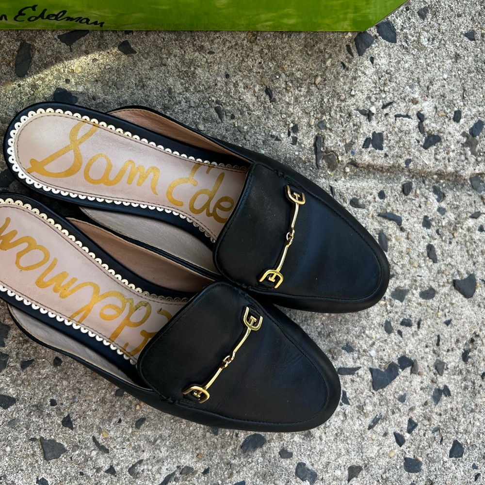 Sam Edelman Black Leather Loafers with Gold Accent